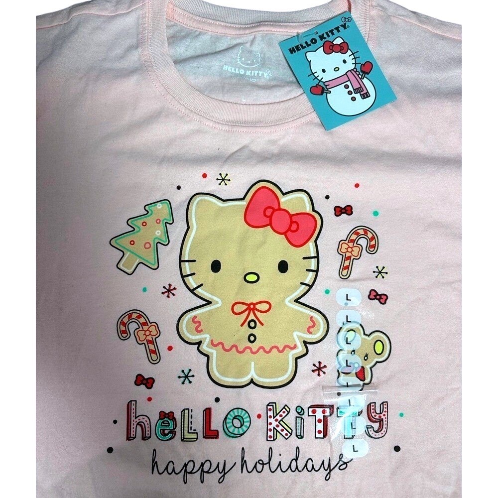 Hello Kitty Sanrio Happy Holidays Pink Gingerbread Graphic Tee Shirt LG